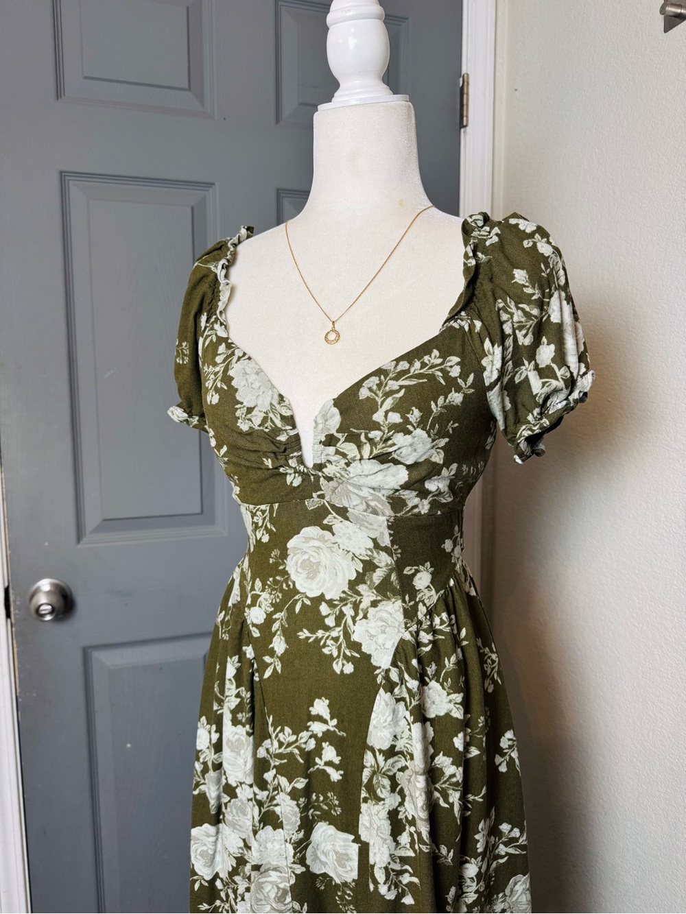 Olive Green Floral Maxi Dress with Puff Sleeves